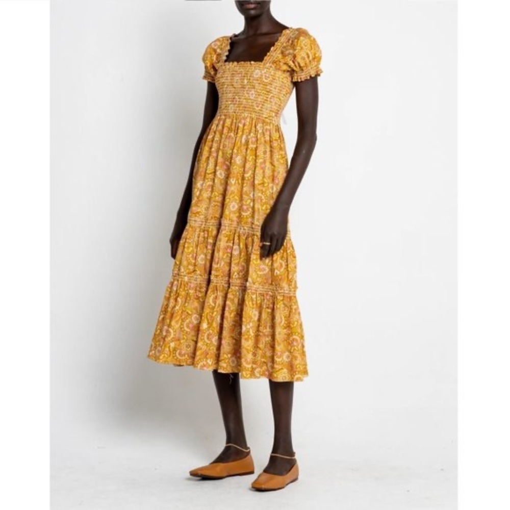Few Moda O.P.T Daphne Square Neck Smocked Maxi Dress M Mustard Paisley NEW
